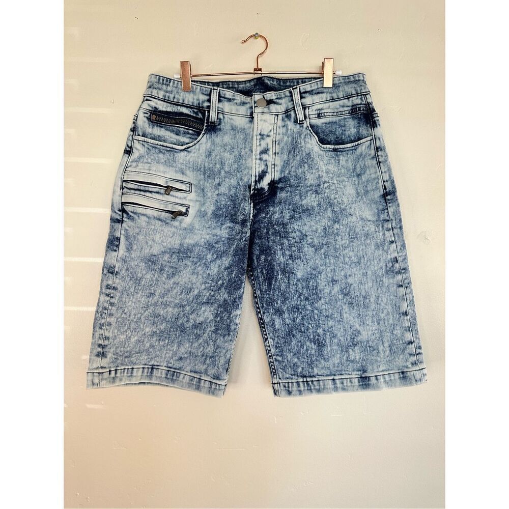🌊 Rockstar Men’s Heath Blue Acid Wash Stretch Jean Shorts Jorts Size 30
